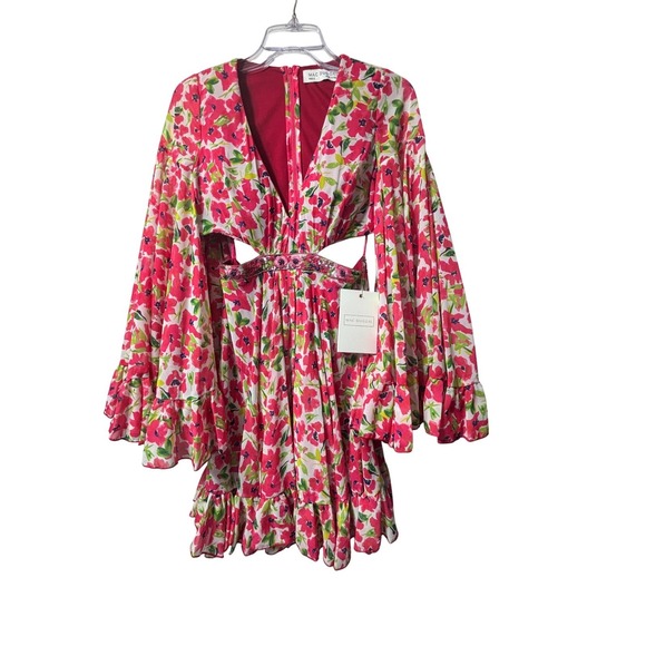 Mac Duggal NEW Floral Print Mini Dress Bell Sleeve Belted Cutout #9158 Size 6 - Picture 4 of 13
